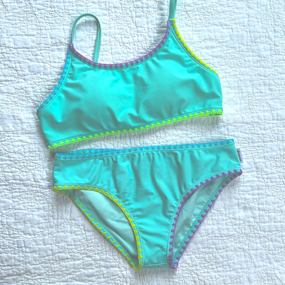 Girls Bikini, aqua color with bright trim. Size 12